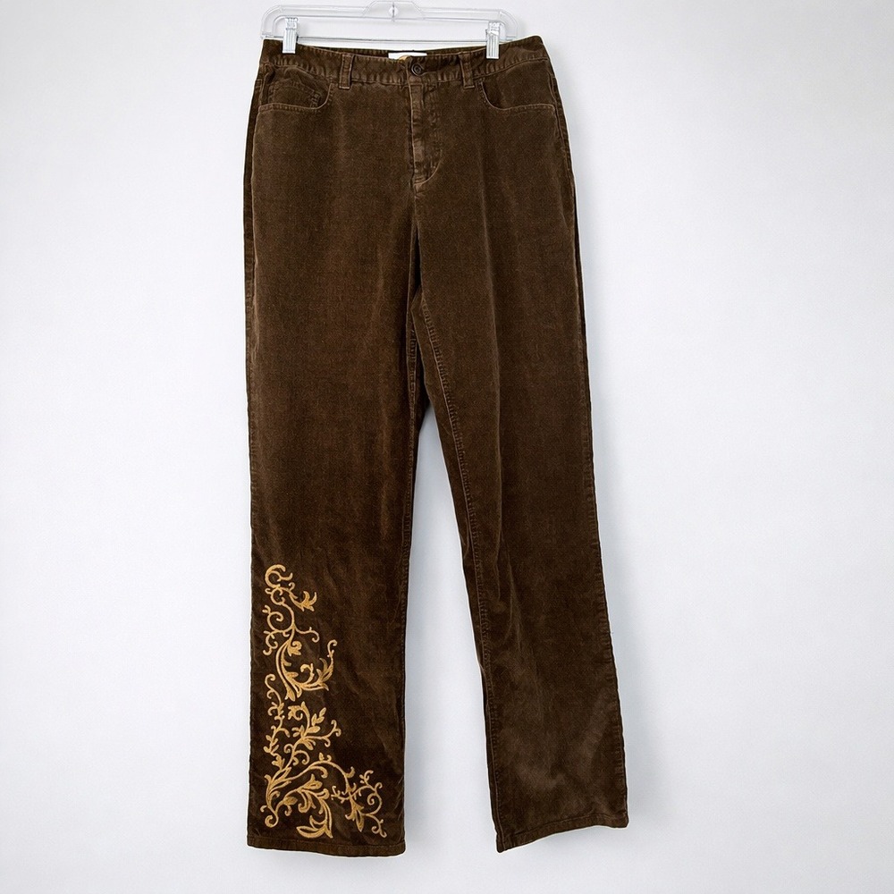 Talbots Brown Embroidered Corduroy Pants Straight Leg Stretch Y2K Vintage Size 8